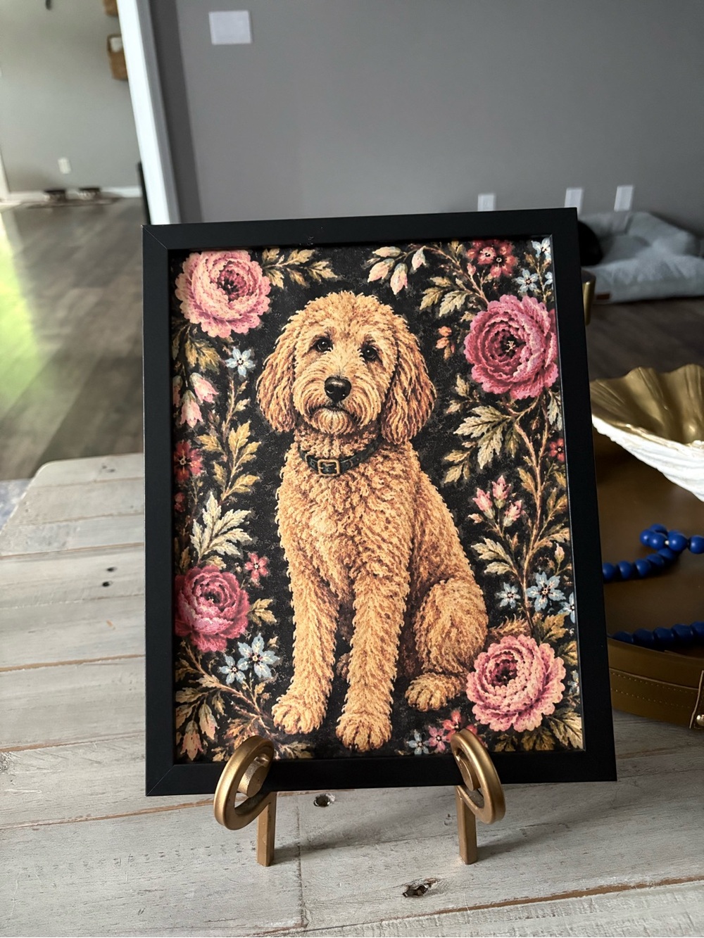 Framed 8x10 Golden Doodle Floral Wall Art - Black Frame